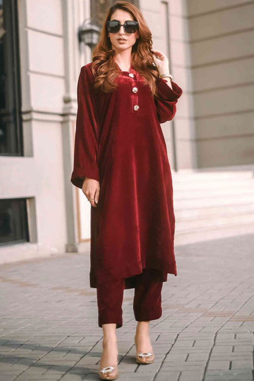Deep Red Velvet Designer Eid Trouser Suit