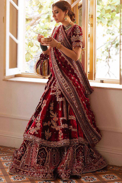 Lehenga for Wedding Wear in Velvet Deep Red with Pearl embroidery