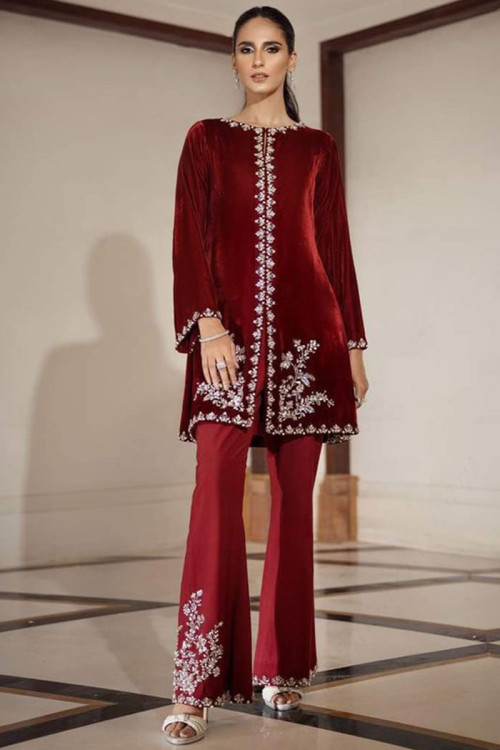 Deep Red Velvet Embroidered Designer Jacket Style Trouser Suit