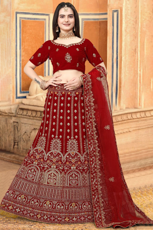 Deep Red Velvet Embroidered Panelled Lehenga
