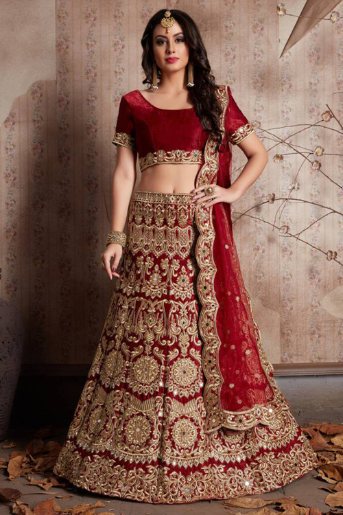 Deep Red Velvet Embroidered Panelled Style Lehenga