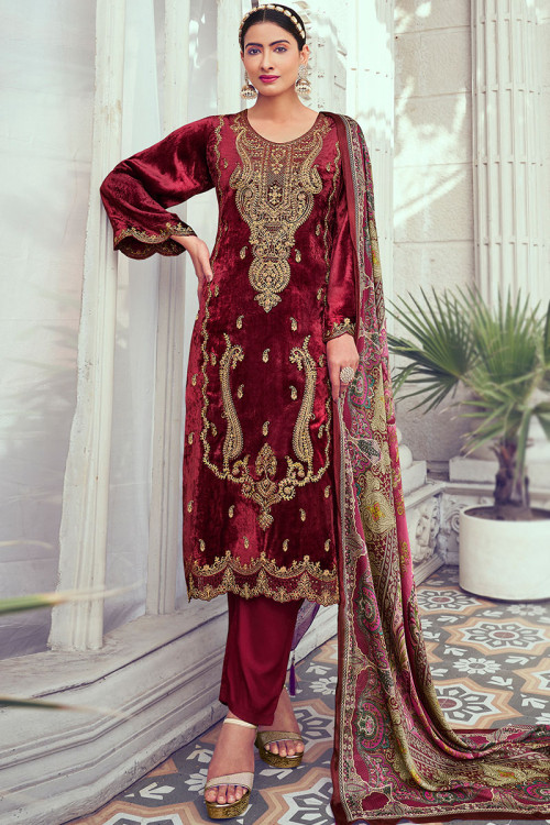Deep Red Velvet Embroidered Straight Cut Trouser Suit