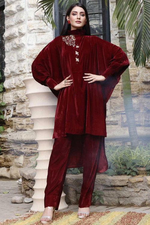 Deep Red Party Wear Hand Embroidered Trouser Suit in Velvet