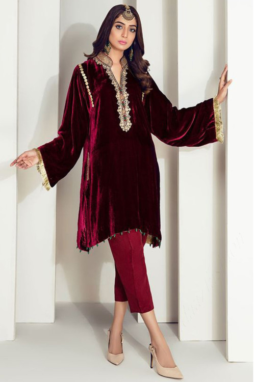 Deep Red Velvet Trouser Suit for Party Wear with Lace embroidery