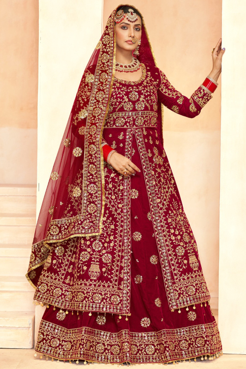 Deep Red Velvet Lehenga With Sequins Work for Wedding Wear