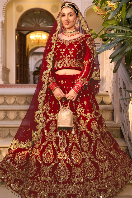 Deep Red Velvet Panelled Lehenga with Mirror & Zari Work