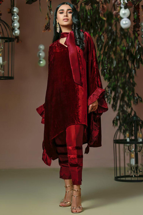 High Low style Trouser Suit in Velvet Deep Red for Party 