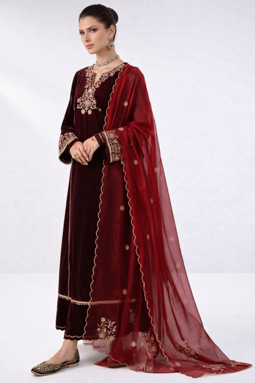 Deep Red Velvet Trouser Suit with Gota Patti Work for Wedding
