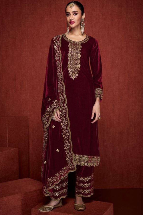 Deep Red Velvet Zari Embroidered Straight Pant Suit