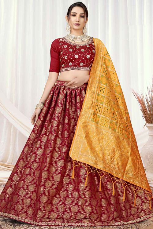 Deep Red Vicose Jacquard Woven Zari Lehenga