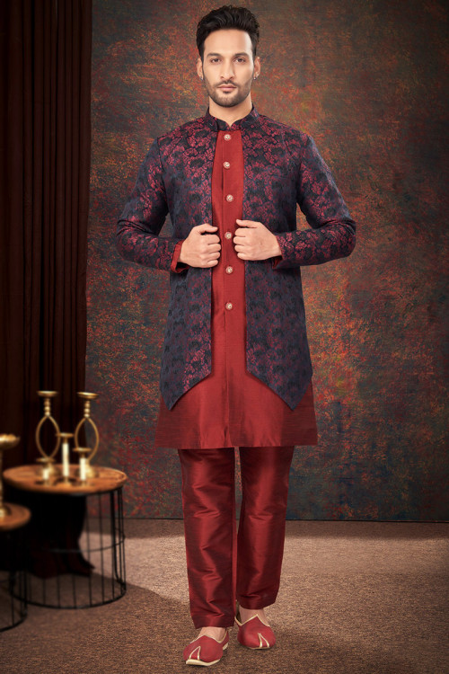 Deep Red Waeved Thread Jacket Style Silk Men's Sherwani 