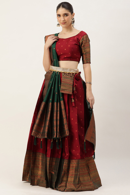 Deep Red Weaved Zari Silk Pleated Lehenga