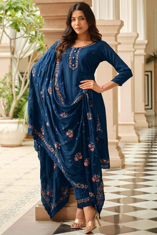 Deep Sea Blue Chinnon Embroidered Straight Cut Suit