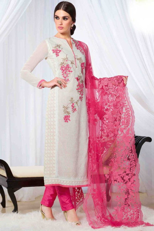 White Georgette Trouser Suit With Dupatta