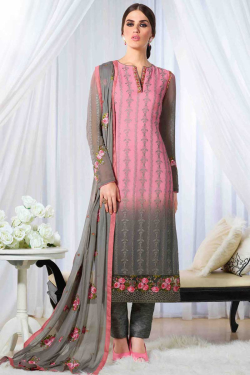 Grey and Peach Georgette Trouser Suit With Dupatta