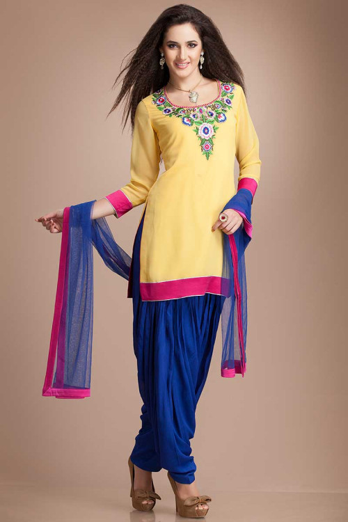 Stylish Yellow Georgette Patiala Suit with Blue Salwar