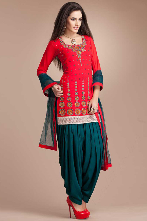 Red With Bottle Green Georgette Patiala Salwar Suit