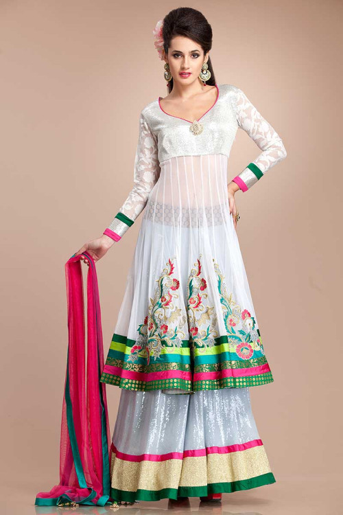 Off White Polyester Frock Style Lehenga with Pink Dupatta