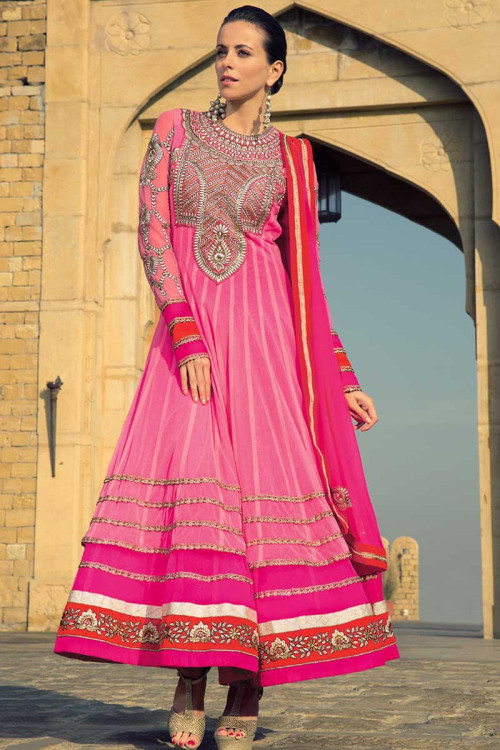 Pink Net Anarkali Churidar suit