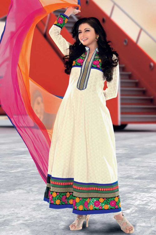 Cream Cotton Anarkali Churidar Suit With Dupatta