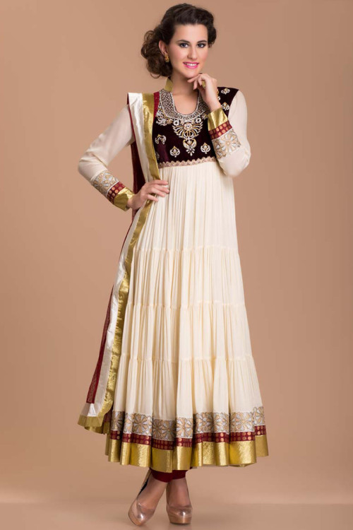 Designer Net Anarkali Suit in Cream Color