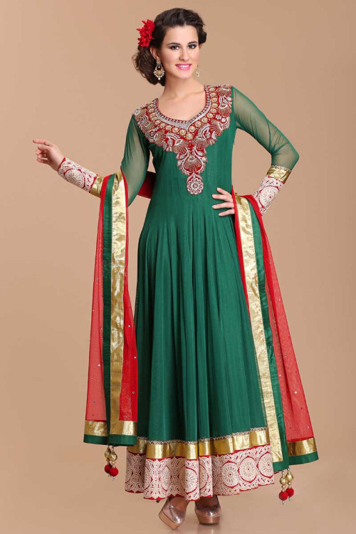 Decent Green Net Ready Made Anarkali Suit