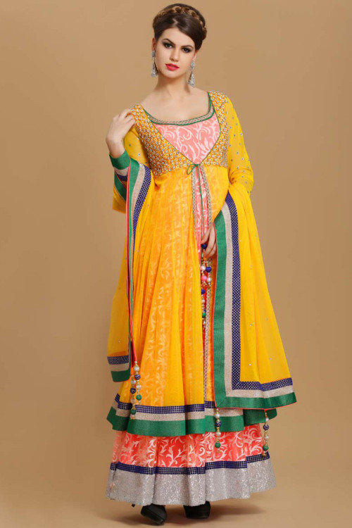 Coral Peach With Yellow Long Anarkali Churidar Suit