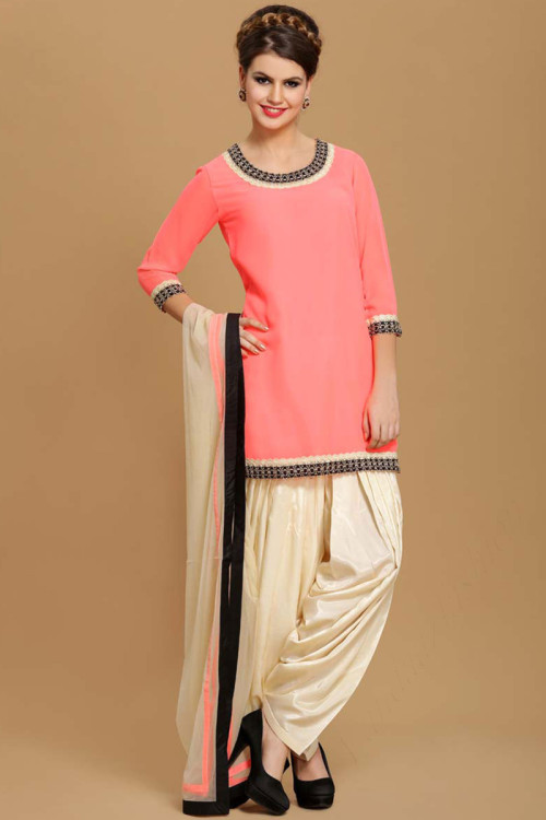 Neon Pink Poly Georgette Patiala Suit