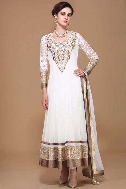 White Net Anarkali Eid Churidar Suit With Dupatta