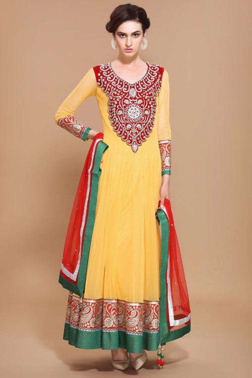 Yellow Polyester Anarkali Suit for Eid
