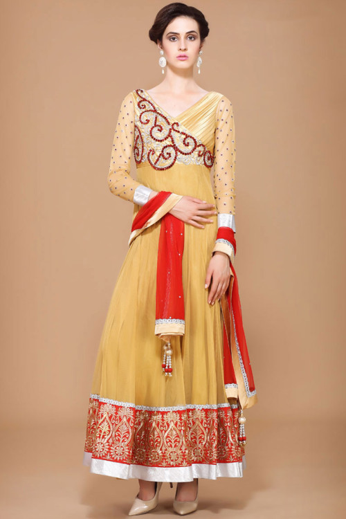 Mustard Polyester Net Eid Anarkali Suit