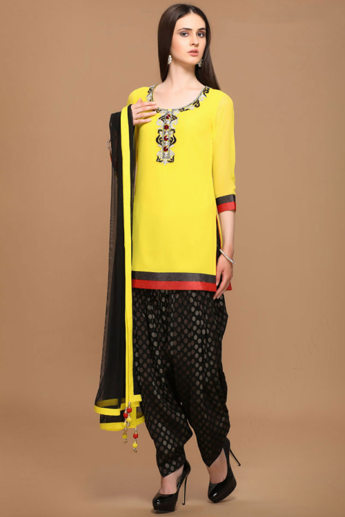 Yellow Black Viscose Patiala Salwar Suit