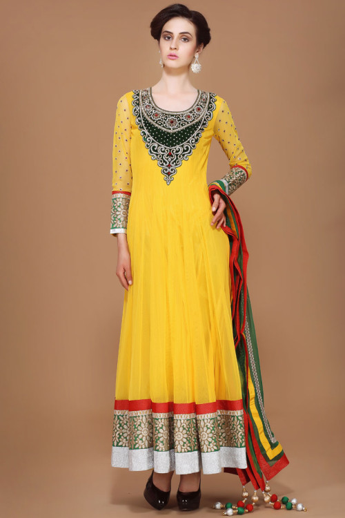Latest Yellow Designer Polyester Anarkali Suit