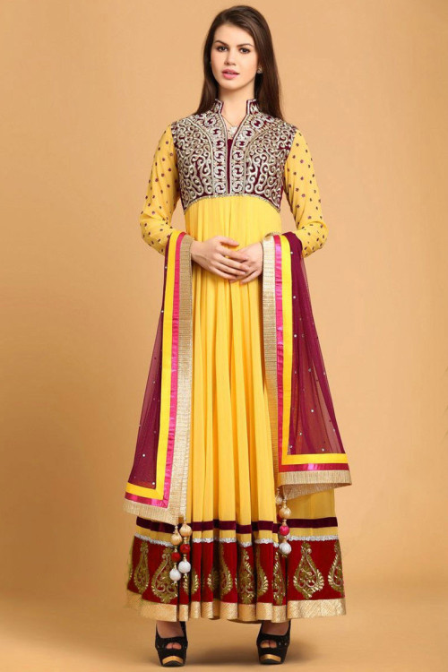 Yellow Georgette Eid Anarkali Suit With Zari Work
