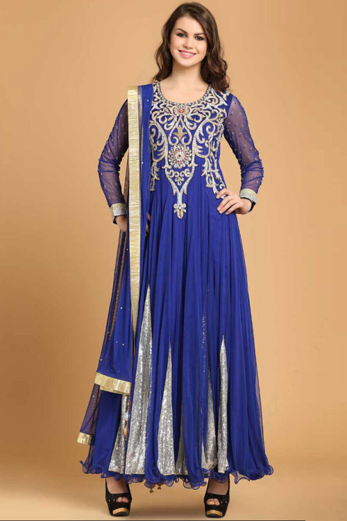  Net Anarkali With Churidar Suit In Blue Colour 