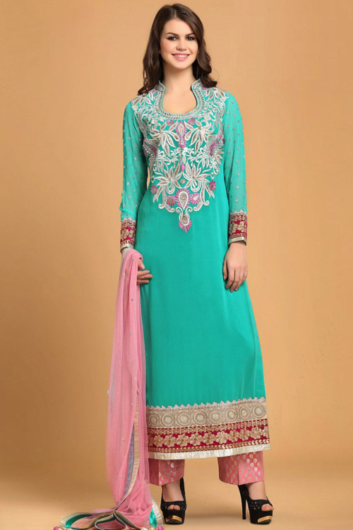 Turquoise Green Georgette Straight Suit With Trouser