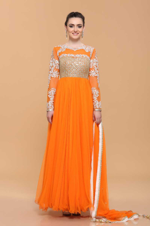 Orange Net Designer Anarkali Suit