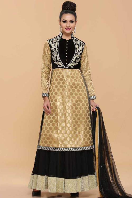 Black Gold Net Anarkali Churidar Suit