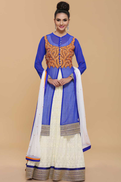Blue Cream Net Anarkali Churidar Suit