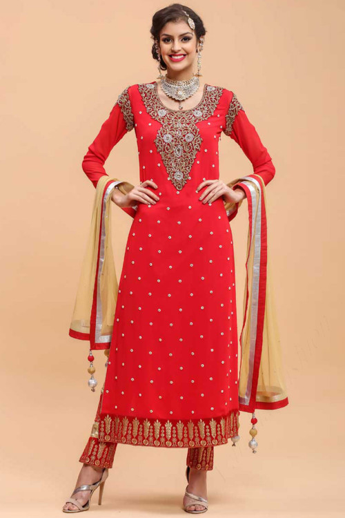 Red Georgette Trouser Pant Suit 