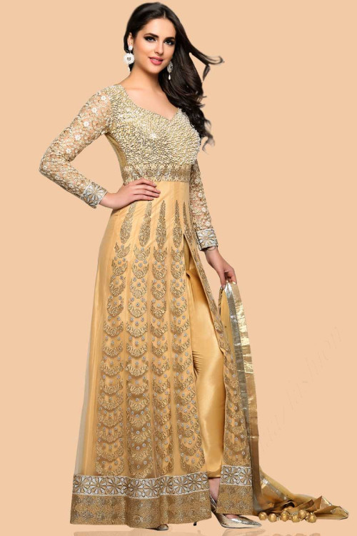 Gorgeous Beige Net Anarkali churidar Suit 