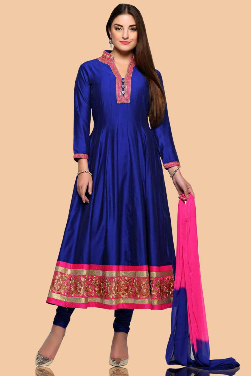 Blue with pink Polysilk Anarkali churidar Suit With Dupatta