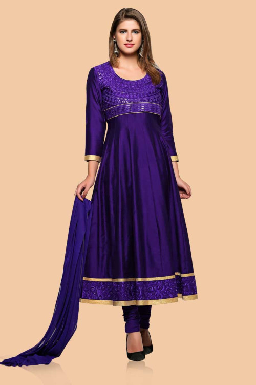 Purple Polysilk Anarkali churidar Suit With Dupatta