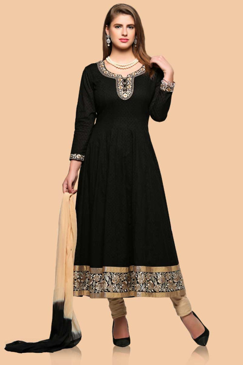 Black Cotton Anarkali churidar Suit With Dupatta