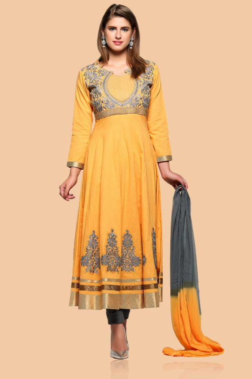 Yellow Cotton Anarkali churidar Suit With Dupatta