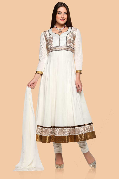 White Cotton Anarkali churidar Suit With Dupatta