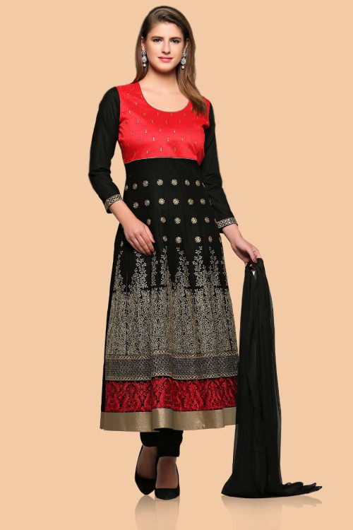 Red and black Cotton Anarkali churidar Suit With Dupatta