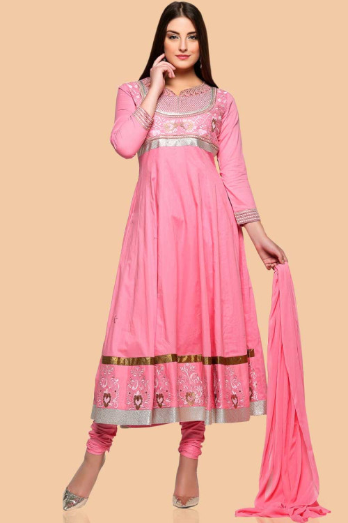 Pink Cotton Anarkali churidar Suit With Dupatta