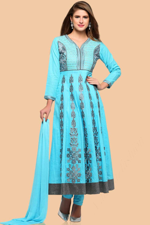 Firozi blue Cotton Anarkali churidar Suit With Dupatta