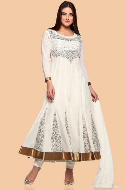 Off white Cotton Anarkali churidar Suit With Dupatta